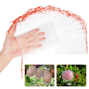Hand holding a white mesh bag with a set of fruit protection bags in background and example usage images below
